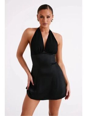 NWT Meshki Richelle Black Satin Halter Mini Dress Size Medium